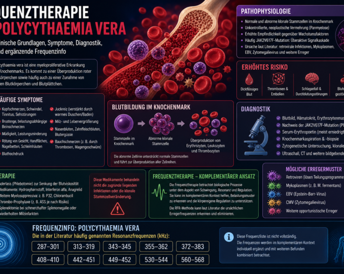 Infografik zu Polycythemia vera: Ursachen, Symptome, Diagnose, Therapie und Risikofaktoren auf einen Blick.