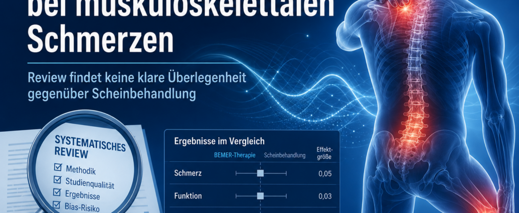 Bemer-Therapie - Herbert Eder - Frequenzforscher Anzeige für BEMER-Therapie gegen Muskelschmerzen: Rückenansicht mit rot markierter Schmerzregion an der Wirbelsäule und wissenschaftlichem Diagramm im Hintergrund