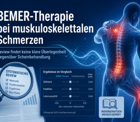 Bemer-Therapie - Herbert Eder - Frequenzforscher Anzeige für BEMER-Therapie gegen Muskelschmerzen: Rückenansicht mit rot markierter Schmerzregion an der Wirbelsäule und wissenschaftlichem Diagramm im Hintergrund