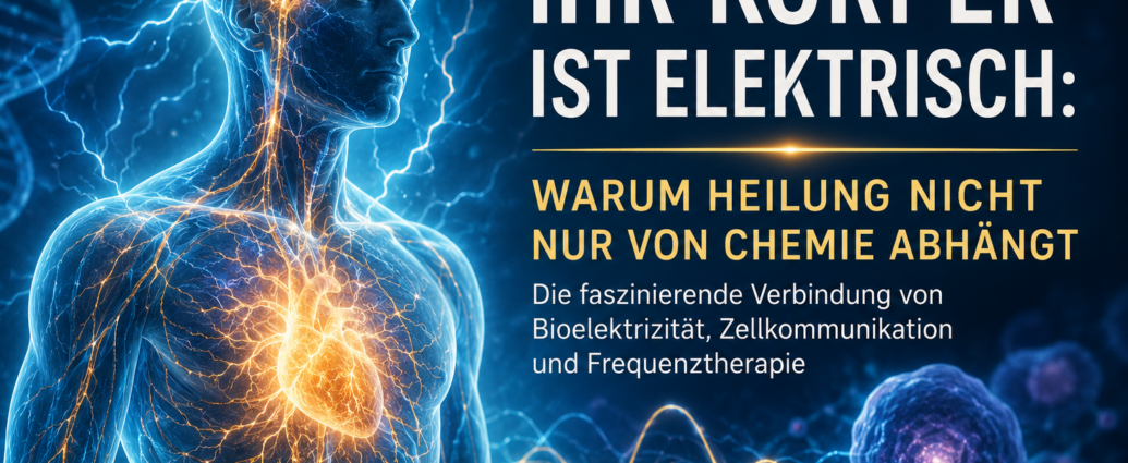 Bioelectricidad - Herbert Eder - Investigador en frecuencias Cartel informativo: cuerpo humano azul con vías nerviosas iluminadas; titular 'Tu cuerpo es eléctrico' sobre la bioelectricidad y la curación mediante la terapia de frecuencias.