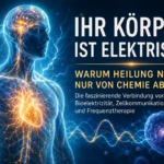 Bioelectricidad - Herbert Eder - Investigador en frecuencias Cartel informativo: cuerpo humano azul con vías nerviosas iluminadas; titular 'Tu cuerpo es eléctrico' sobre la bioelectricidad y la curación mediante la terapia de frecuencias.