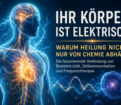Bioelektrizität - Herbert Eder - Frequenzforscher Informative Poster: blauer menschlicher Körper mit leuchtenden Nervenbahnen; Überschrift 'Ihr Körper ist elektrisch' über Bioelektrizität und Heilung durch Frequenztherapie.