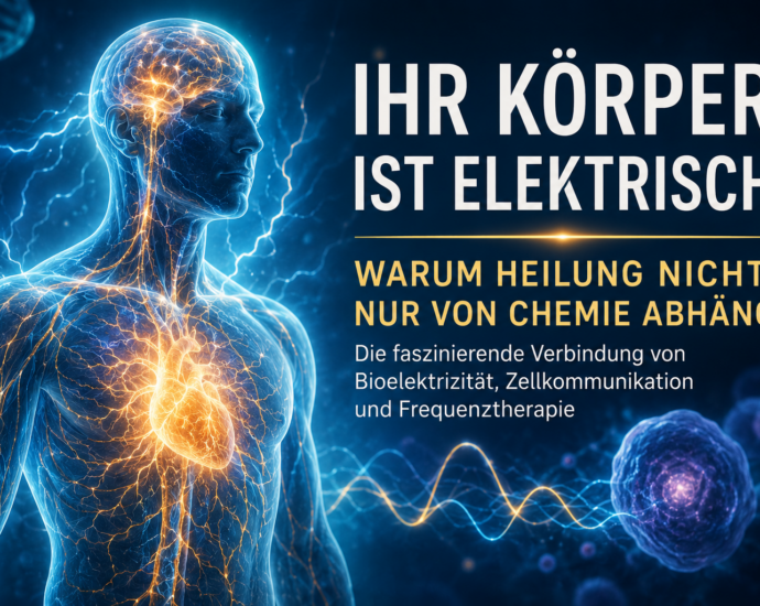 Cartel informativo: cuerpo humano azul con vías nerviosas iluminadas; titular 'Tu cuerpo es eléctrico' sobre la bioelectricidad y la curación mediante la terapia de frecuencias.