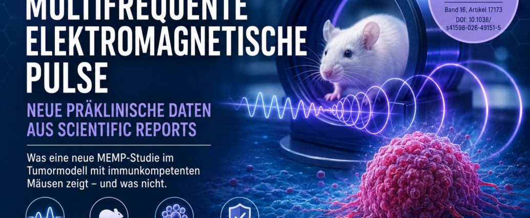 MF Tumorimpulse - Herbert Eder - Frequenzforscher Mouse in a lab setup with a glowing electromagnetic pulse arc and a large German science poster title about multifrequent electromagnetic pulses.