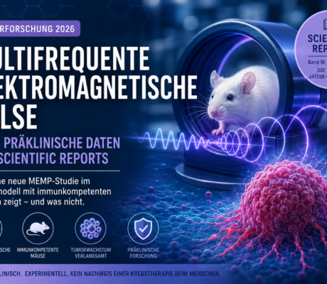 MF Tumorimpulse - Herbert Eder - Frequenzforscher Mouse in a lab setup with a glowing electromagnetic pulse arc and a large German science poster title about multifrequent electromagnetic pulses.