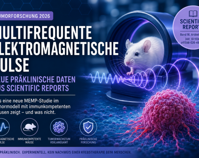 Mouse in a lab setup with a glowing electromagnetic pulse arc and a large German science poster title about multifrequent electromagnetic pulses.
