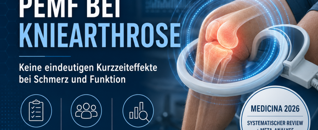 PEMF bei Knieatrohse - Herbert Eder - Frequenzforscher Promotional poster about PEMF therapy for knee osteoarthritis, showing a knee with a wearable device and key stats (RCTs, patients, meta-analysis).