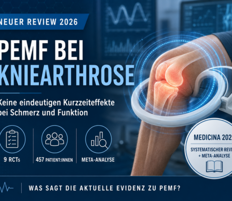 PEMF bei Knieatrohse - Herbert Eder - Frequenzforscher Promotional poster about PEMF therapy for knee osteoarthritis, showing a knee with a wearable device and key stats (RCTs, patients, meta-analysis).