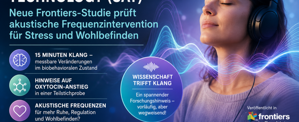 SAT Studie - Herbert Eder - Frequenzforscher Poster for Sonic Augmentation Technology (SAT) study; woman wearing headphones with colorful sound waves and German study details.