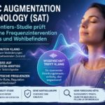 SAT Studie - Herbert Eder - Frequenzforscher Poster for Sonic Augmentation Technology (SAT) study; woman wearing headphones with colorful sound waves and German study details.