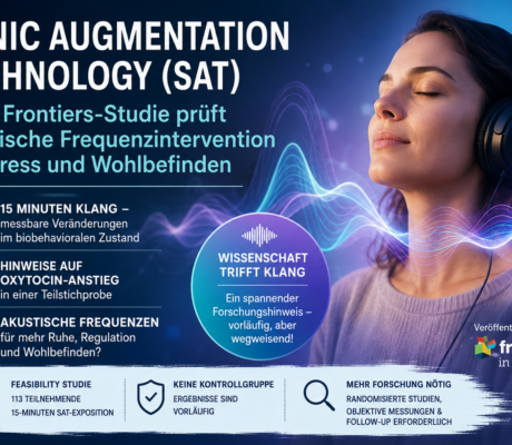 SAT Studie - Herbert Eder - Frequenzforscher Poster for Sonic Augmentation Technology (SAT) study; woman wearing headphones with colorful sound waves and German study details.
