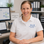 Una mujer sonriente, vestida con un polo blanco con el logotipo de NLS, está sentada en el escritorio de una oficina, con las manos entrelazadas, y detrás de ella hay monitores de ordenador y estanterías de archivo.