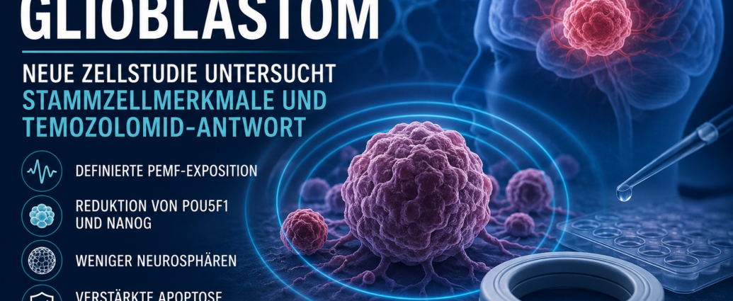 pemf und gliablastom - Herbert Eder - Frequenzforscher Infografik über PEMF und Glioblastom mit Gehirn, Tumorzellen und Laborutensilien; deutsche Überschriften und Bulletpoints.