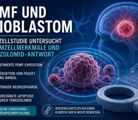 pemf und gliablastom - Herbert Eder - Frequenzforscher Infografik über PEMF und Glioblastom mit Gehirn, Tumorzellen und Laborutensilien; deutsche Überschriften und Bulletpoints.