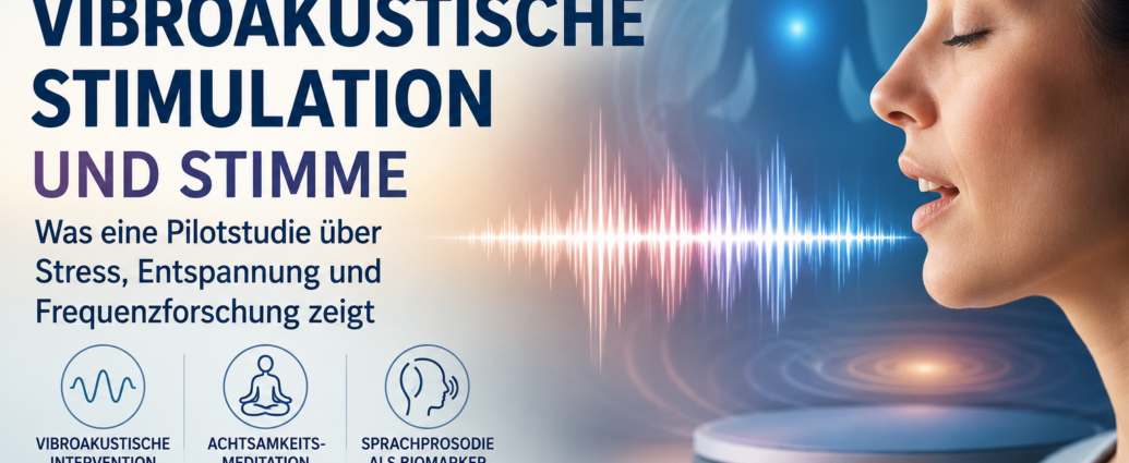 vibroakustik - Herbert Eder - Frequenzforscher German study poster advertising Vibroakustische Stimulation und Stimme; profile of a woman speaking, a colorful sound wave, and icons for intervention, meditation, and biomarkers; Neue Studie 2026.