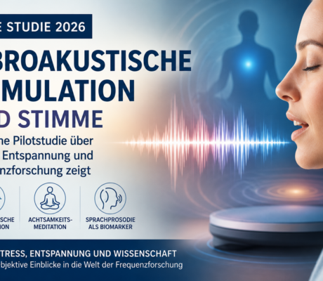 vibroakustik - Herbert Eder - Frequenzforscher German study poster advertising Vibroakustische Stimulation und Stimme; profile of a woman speaking, a colorful sound wave, and icons for intervention, meditation, and biomarkers; Neue Studie 2026.
