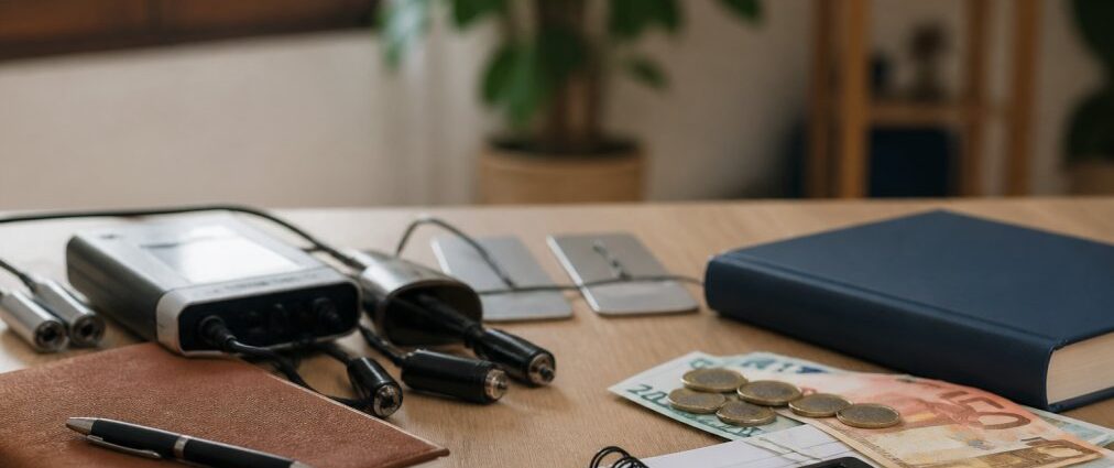frequenztherapie-ausbildung-kosten-und-dauer-im-uberblick-1789366628 - Herbert Eder - Frequenzforscher Budgeting desk scene: calculator, spiral notebook, pen, cash (coins and euros), a blue notebook, and a plant in the background beyond a window.
