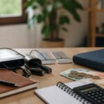 frequenztherapie-ausbildung-kosten-und-dauer-im-uberblick-1789366628 - Herbert Eder - Frequenzforscher Budgeting desk scene: calculator, spiral notebook, pen, cash (coins and euros), a blue notebook, and a plant in the background beyond a window.