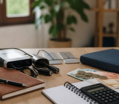 frequenztherapie-ausbildung-kosten-und-dauer-im-uberblick-1789366628 - Herbert Eder - Frequenzforscher Budgeting desk scene: calculator, spiral notebook, pen, cash (coins and euros), a blue notebook, and a plant in the background beyond a window.