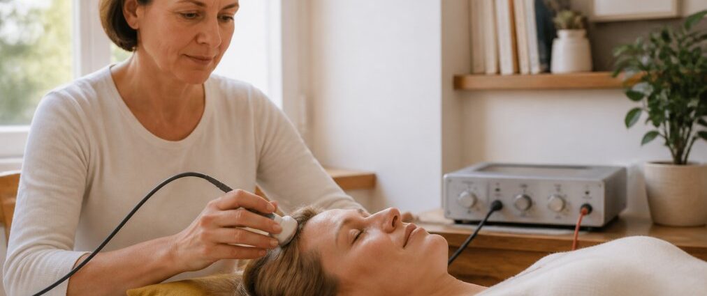 frequenztherapie-bei-chronischen-beschwerden-so-wirkt-sie-1789280144 - Herbert Eder - Frequenzforscher Therapist uses a handheld wand on a woman's head during a spa facial in a bright, calm room.