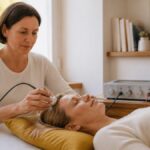 frequenztherapie-bei-chronischen-beschwerden-so-wirkt-sie-1789280144 - Herbert Eder - Frequenzforscher Therapist uses a handheld wand on a woman's head during a spa facial in a bright, calm room.