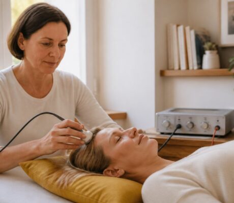 frequenztherapie-bei-chronischen-beschwerden-so-wirkt-sie-1789280144 - Herbert Eder - Frequenzforscher Therapist uses a handheld wand on a woman's head during a spa facial in a bright, calm room.