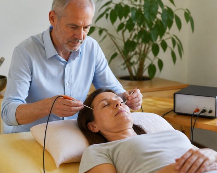 A male practitioner performs facial acupuncture on a patient lying with their eyes closed; a control device sits on a nearby table.