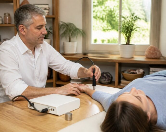 A therapist uses a handheld device on a patient's wrist during a treatment in a well-lit clinic room.