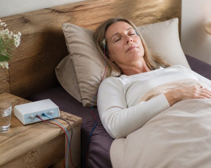 Donna anziana sdraiata a letto con gli occhi chiusi, che indossa una fascia con dei fili collegati a un piccolo dispositivo terapeutico sul comodino (dispositivo medico domiciliare).