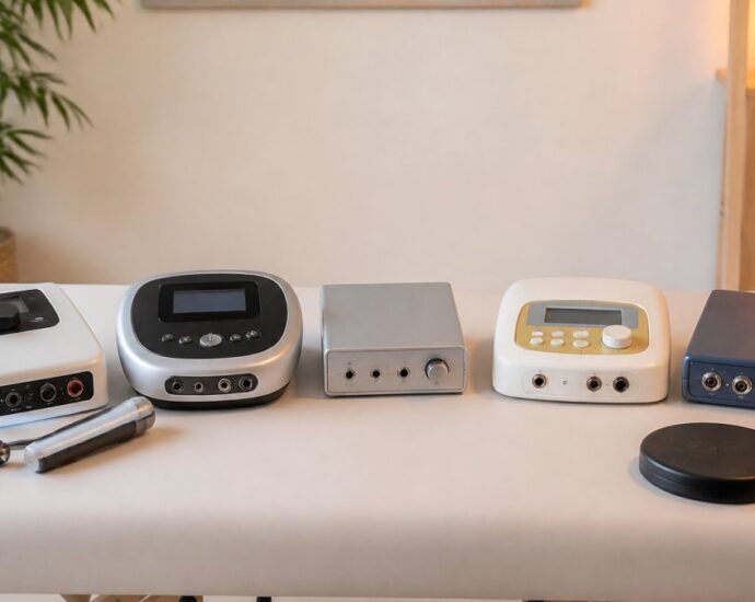 A row of six compact electronic devices with knobs and multiple input/output jacks on a white table in a warm, tidy room.