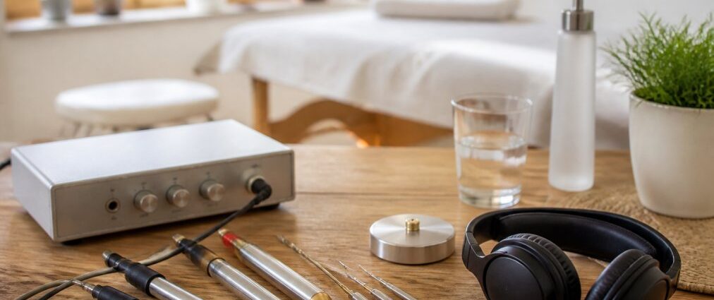 frequenztherapie-grundlagen-einstieg-fur-anfanger-2026-1789192844 - Herbert Eder - Frequenzforscher Electrotherapy equipment on a wooden table: control unit with probes, headphones, a bottle, and a glass of water in a bright treatment room.