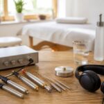 frequenztherapie-grundlagen-einstieg-fur-anfanger-2026-1789192844 - Herbert Eder - Frequenzforscher Electrotherapy equipment on a wooden table: control unit with probes, headphones, a bottle, and a glass of water in a bright treatment room.