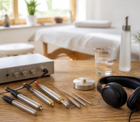 frequenztherapie-grundlagen-einstieg-fur-anfanger-2026-1789192844 - Herbert Eder - Frequenzforscher Electrotherapy equipment on a wooden table: control unit with probes, headphones, a bottle, and a glass of water in a bright treatment room.