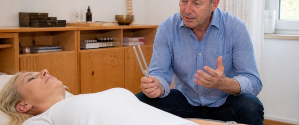 Accompagnamento professionale nella terapia di frequenza per terapisti energetici - 1790465372-1 - Herbert Eder - Ricercatore nel campo delle frequenze Un terapista di sesso maschile inginocchiato accanto a un paziente sdraiato, con in mano un diapason, mentre spiega il trattamento in una sala della clinica.