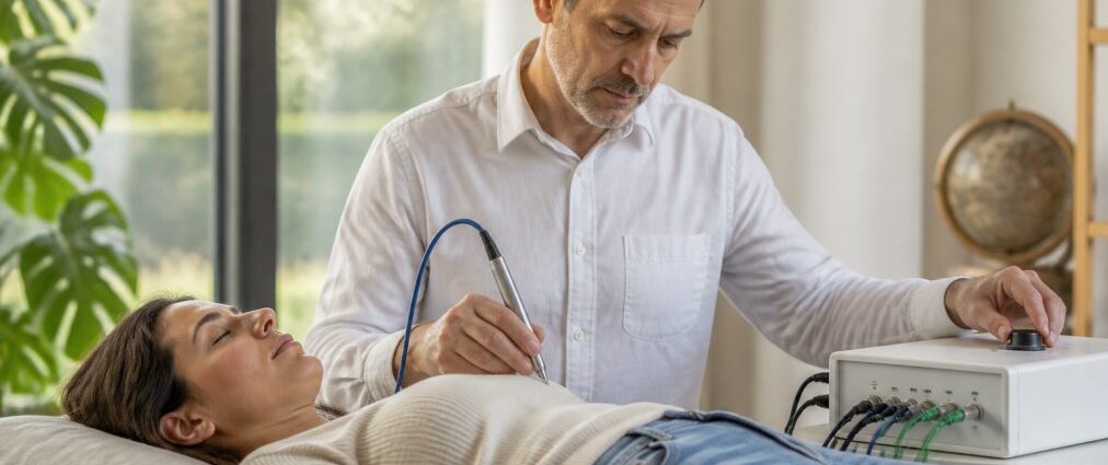 "Come utilizzare in modo sicuro la terapia a frequenze nella pratica quotidiana: la guida pratica - 1790206094-1" - Herbert Eder - Ricercatore nel campo delle frequenze Un fisioterapista applica la stimolazione elettrica all'addome di una donna mentre questa riposa su un lettino terapeutico.