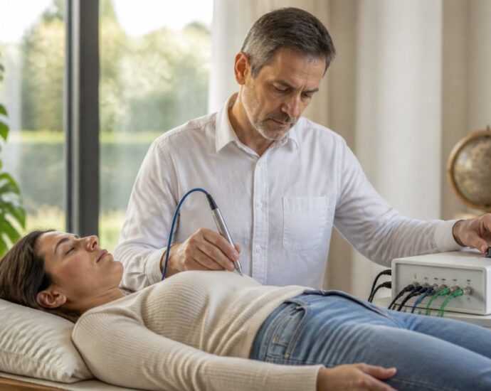Un fisioterapista applica la stimolazione elettrica all'addome di una donna mentre questa riposa su un lettino terapeutico.