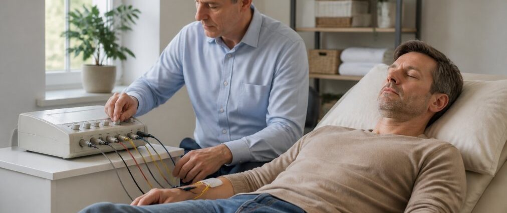 frequenztherapie-wissenschaftlich-fundiert-erklart-2026-1789107521 - Herbert Eder - Frequenzforscher Patient lying in a recliner with electrodes attached to his arm, connected to a medical device operated by a clinician nearby