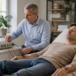 frequenztherapie-wissenschaftlich-fundiert-erklart-2026-1789107521 - Herbert Eder - Frequenzforscher Patient lying in a recliner with electrodes attached to his arm, connected to a medical device operated by a clinician nearby