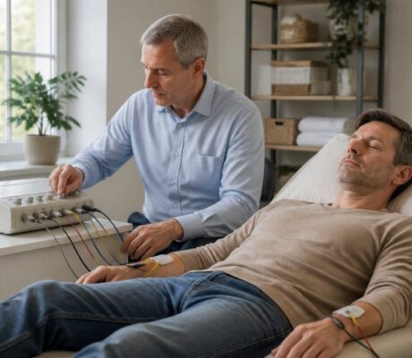 frequenztherapie-wissenschaftlich-fundiert-erklart-2026-1789107521 - Herbert Eder - Frequenzforscher Patient lying in a recliner with electrodes attached to his arm, connected to a medical device operated by a clinician nearby