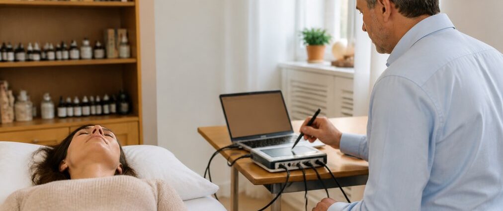 informationsmedizin-fur-heilpraktiker-praxisalltag-lernen-1788868676-1 - Herbert Eder - Frequenzforscher Healthcare professional uses a handheld device on a woman lying on a treatment table beside a laptop.