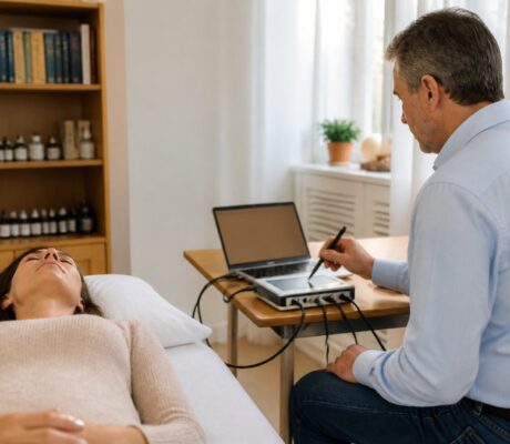 informationsmedizin-fur-heilpraktiker-praxisalltag-lernen-1788868676-1 - Herbert Eder - Frequenzforscher Healthcare professional uses a handheld device on a woman lying on a treatment table beside a laptop.