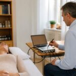 Information Medicine for Naturopaths: Learning for Everyday Practice - 1788868676-2 - Herbert Eder - Frequency Researcher A patient lying on a treatment table while a clinician uses a handheld probe connected to a laptop-based medical device in a clinical setting.