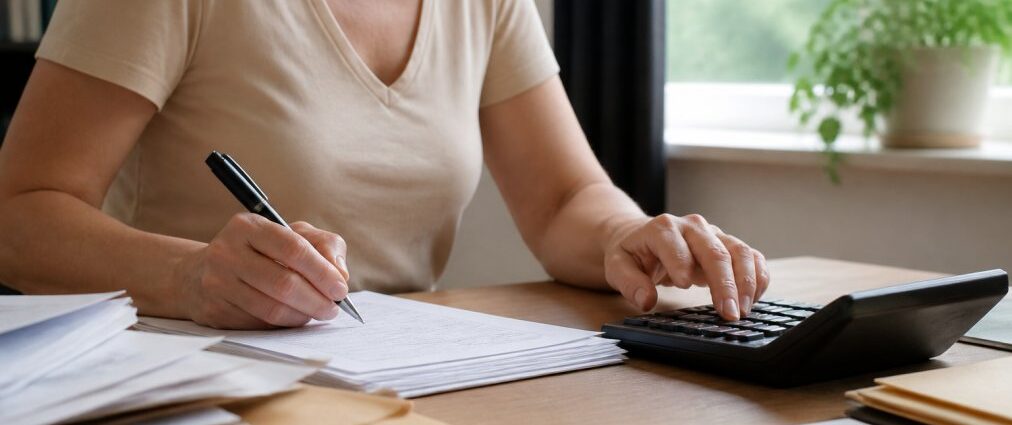 Information Medicine in Naturopathy: Billing Correctly-1788939341-1 - Herbert Eder - Frequency Researcher A person writing at a desk with a pen, a calculator within reach, and envelopes and papers scattered about in a bright home office.