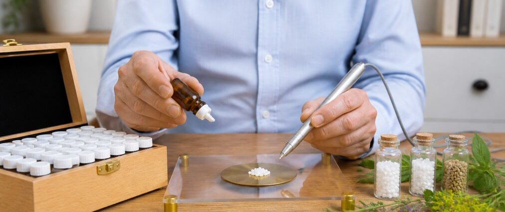 kombination-von-homoopathie-und-informationsmedizin-1789019563-1 - Herbert Eder - Frequenzforscher Person in blue shirt uses a dropper and a precision scale to measure small white pellets, with vials of pills on the table