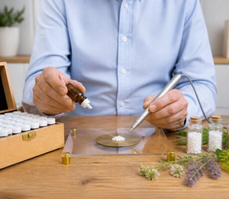 kombination-von-homoopathie-und-informationsmedizin-1789019563-1 - Herbert Eder - Frequenzforscher Person in blue shirt uses a dropper and a precision scale to measure small white pellets, with vials of pills on the table