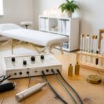 praxismarketing-fur-spezialisierte-informationsmedizin-1789038423 - Herbert Eder - Frequenzforscher Therapy or salon treatment room with a white treatment bed and lab equipment on a wooden table, including a control box and test tubes.