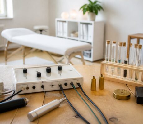 praxismarketing-fur-spezialisierte-informationsmedizin-1789038423 - Herbert Eder - Frequenzforscher Therapy or salon treatment room with a white treatment bed and lab equipment on a wooden table, including a control box and test tubes.