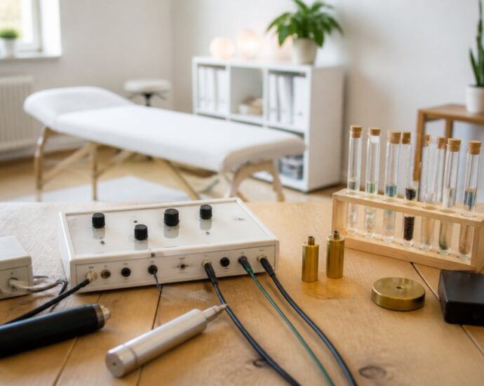 Therapy or salon treatment room with a white treatment bed and lab equipment on a wooden table, including a control box and test tubes.