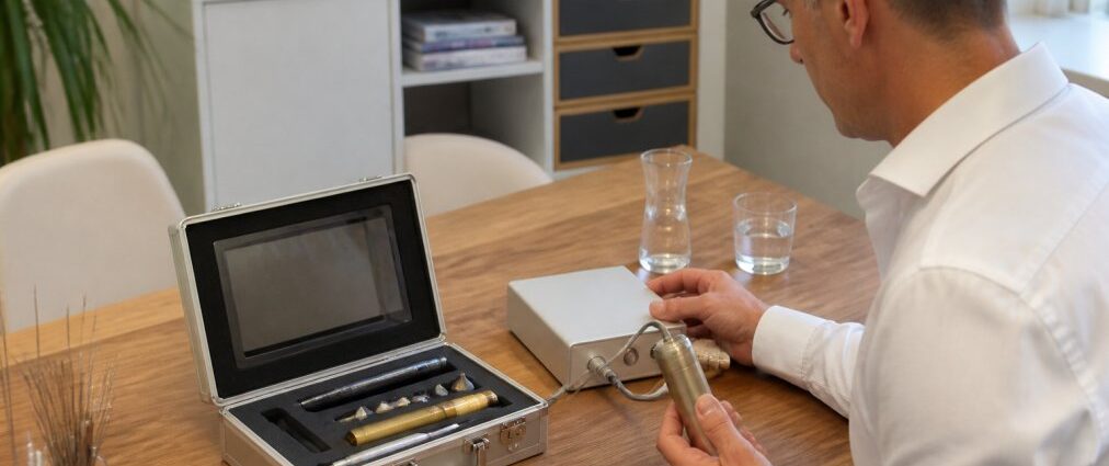 radionik-software-fur-heilpraktiker-richtig-anwenden-1788952288-2 - Herbert Eder - Frequenzforscher Man in a white shirt sits at a table inspecting a handheld medical device from an open metal case containing precision tools.