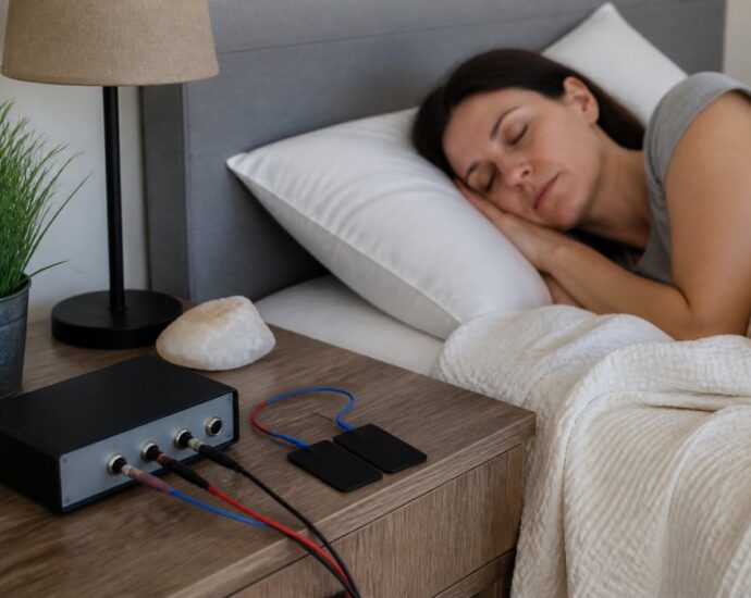 Schlafende Frau im Bett; auf dem Nachttisch stehen ein elektronisches Gerät und eine schwarze flache Platte.